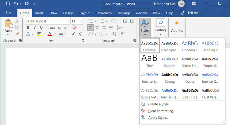 Styles Group Under Home Tab in MS Word