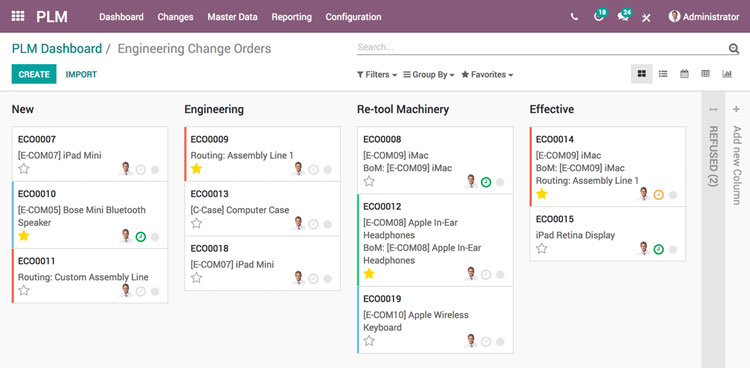 Odoo PLM dashboard showing engineering change orders by stages