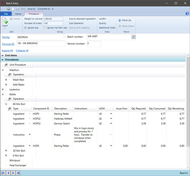 Vicinity Batch entry screen displaying brewing procedures and ingredients