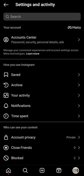 Instagram Settings and Activity