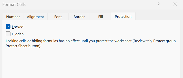 Format Cells dialog box with Protection tab selected and Locked checked in Excel