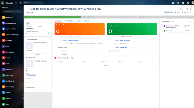 Creatio CRM interface showing lead details and activity tracking