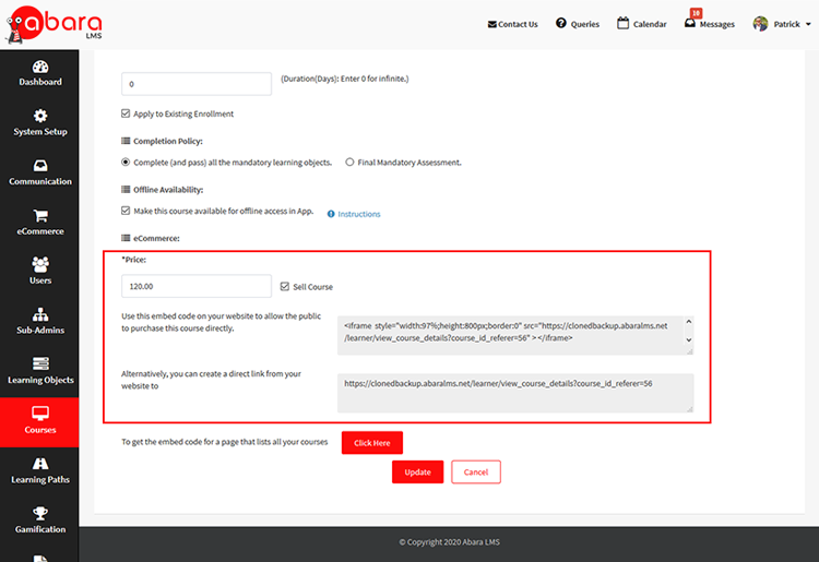 Course settings page with eCommerce and embed options in Abara LMS.